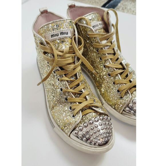 MIU MIU Gold Glitter High Tops w Silver Studded Cap Toe Sneakers, sz 38 EU/ 8 US - Picture 4 of 16
